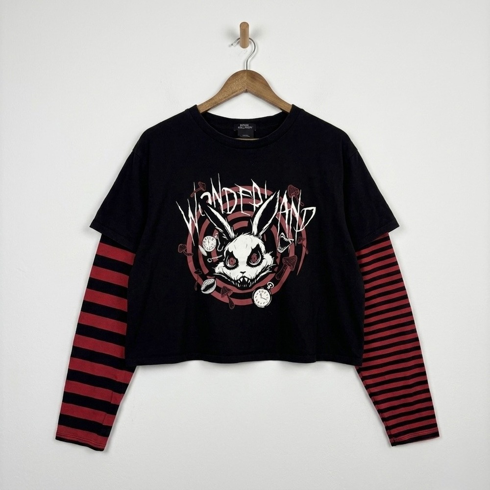 Social Collision Wonderland Evil Rabbit Layered Crop Top Black Red Striped 2X